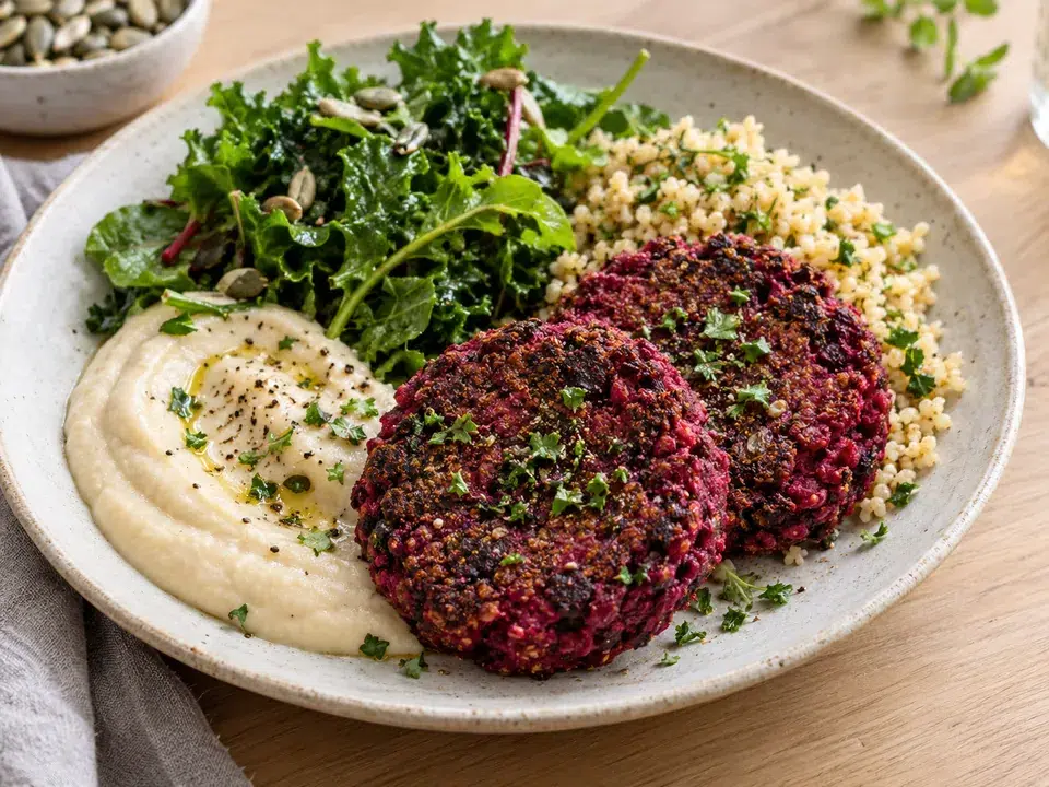 Illustration: Rødbedebøffer med bulgur og grønt