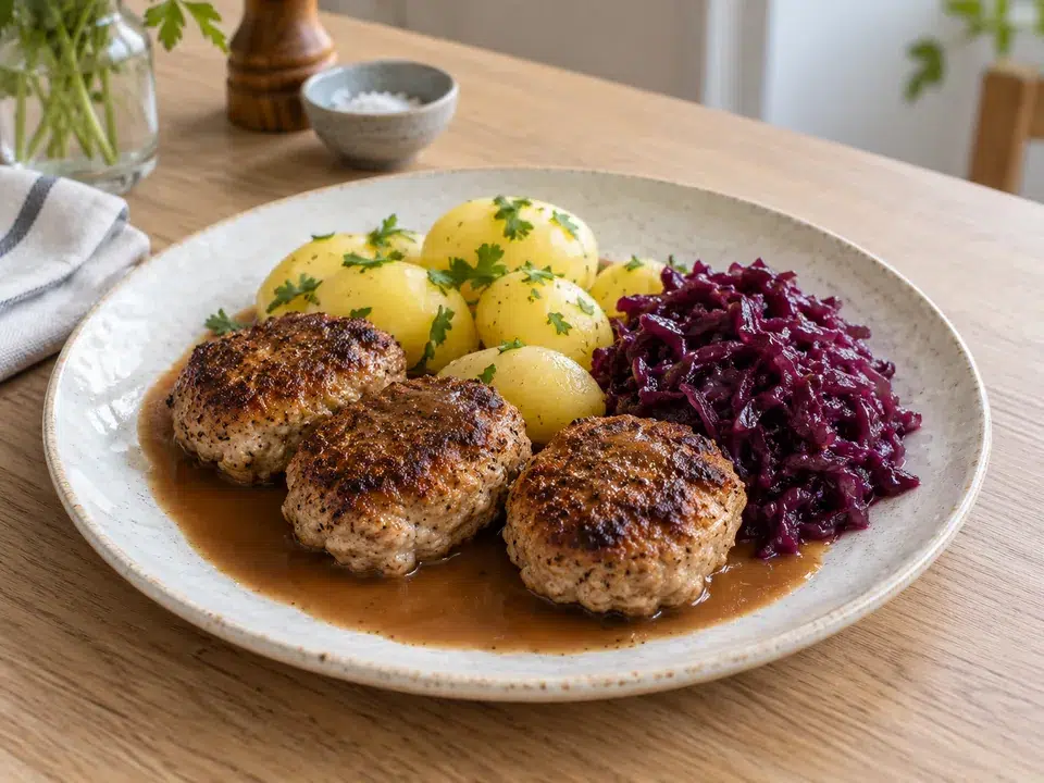 Illustration: Frikadeller med kartofler, brun sovs og rødkål