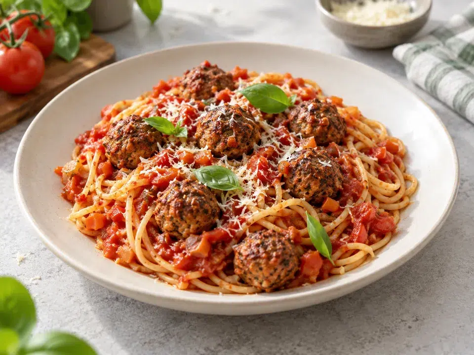 Illustration: Spaghetti med kødboller og tomatsauce