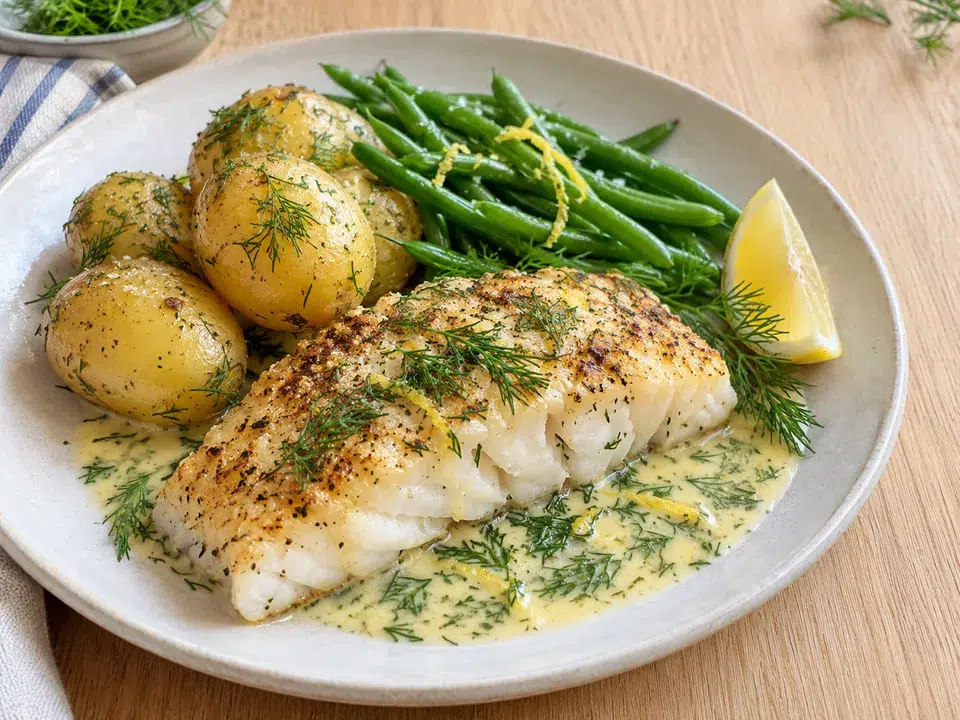 Illustration: Hvid fisk med kartofler, grønne bønner og dild
