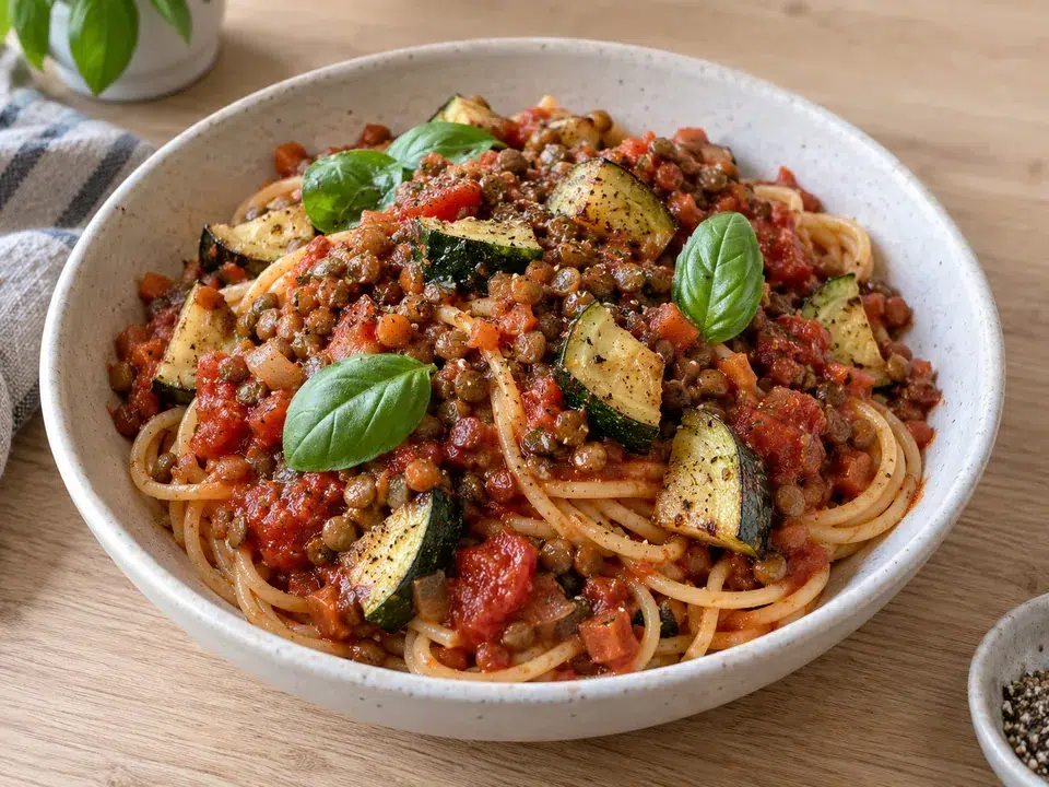 Illustration: Vegansk pasta med linser og grøntsager