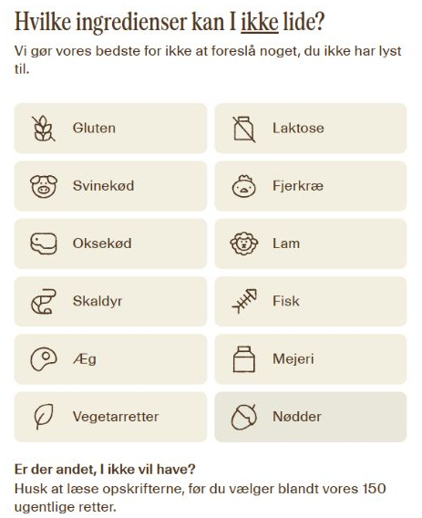 RetNemts bestilling: vælg de ingredienser, du helst vil undgå i forslagene til retter.