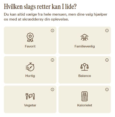 RetNemts bestilling: vælg mellem Favorit, Familievenlig, Hurtig, Balance, Vegetar og Kalorielet.